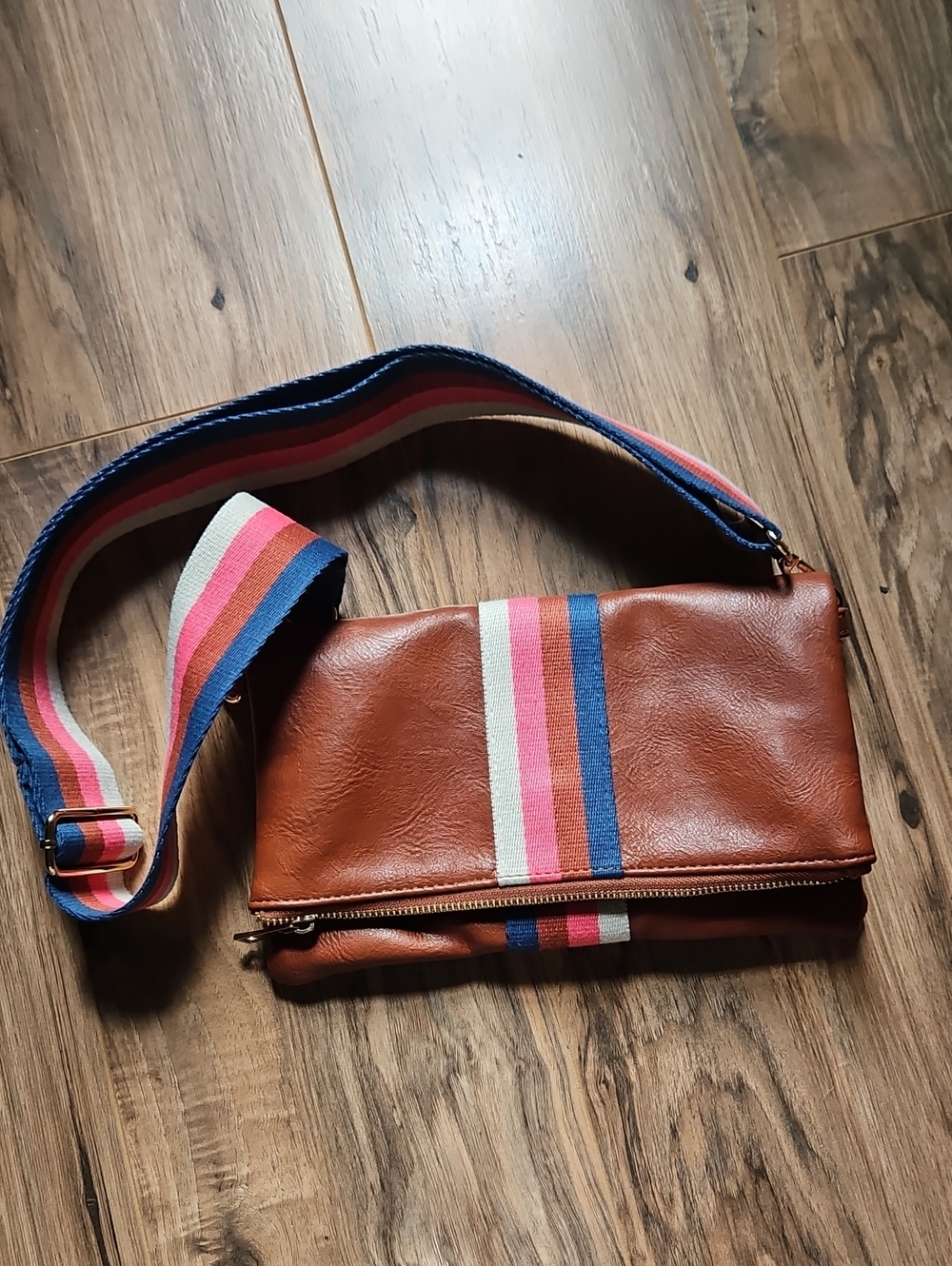 Aspen Lane Chestnut Brown Leather Crossbody with Multicolor Stripe Accent